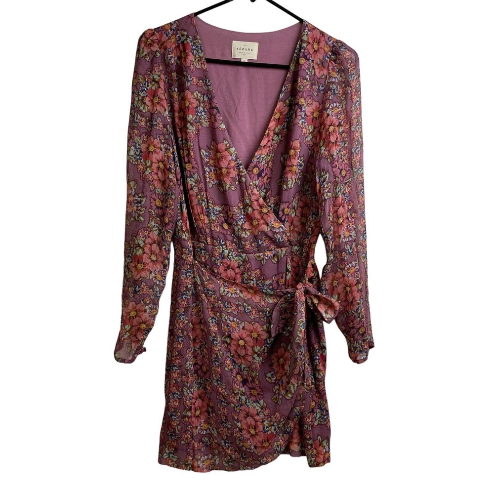 Sezane Floral Wrap Mini Dress - Purple and Pink